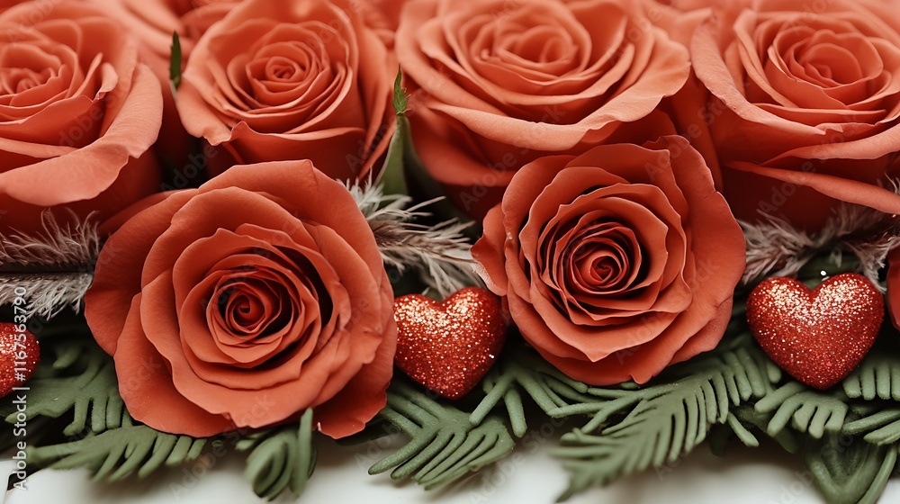 Red roses, heart decor, green sprigs. Red roses, heart decor, green sprigs.