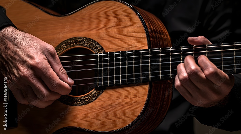 Fototapeta premium Hands playing a classic wooden acoustic guitar