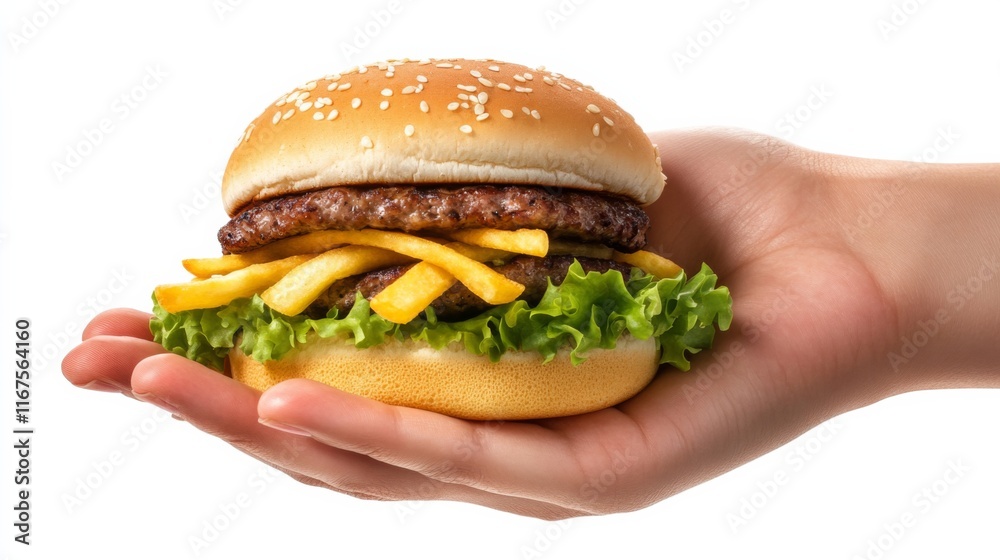 Handheld Burger with Fries on White Background Handheld Burger with Fries on White Background