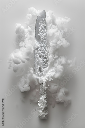 surreal butcher knife, a heavy cleaver slicing through fog on a white surface photo