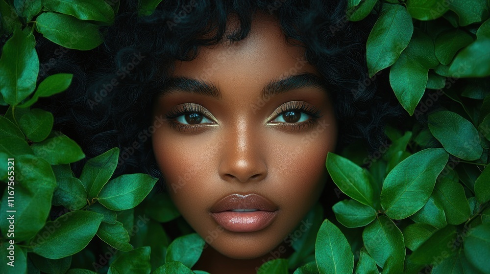 A close-up portrait of a person surrounded by lush green leaves, emphasizing natural beauty. A close-up portrait of a person surrounded by lush green leaves, emphasizing natural beauty.