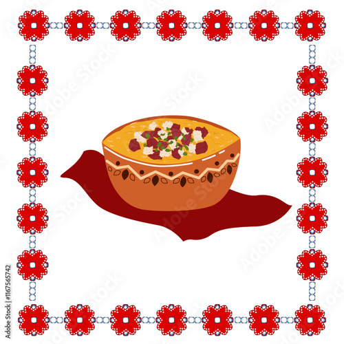 Zakarpat’skyy Banosh. Delicious, aromatic homemade banosh with cheese and smoked lard served in a clay deep plate. Ukrainian banosh. Ukrainian national cuisine