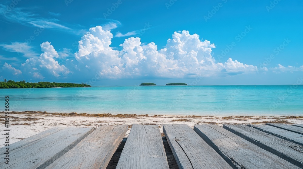 Fototapeta premium Serene Tropical Beachscape: Wooden Deck Overlooking Turquoise Waters and Lush Islands Under a Cloudy Sky