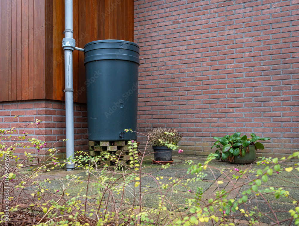 Obraz premium Rain barrel in front of a modern house, rainwater harvesting and reusage concept