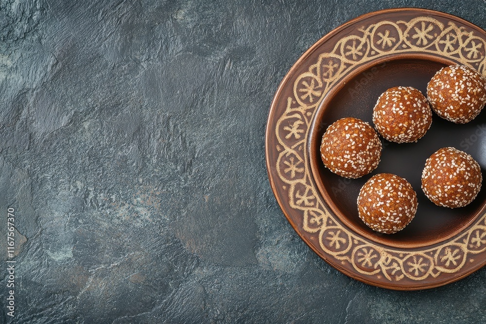 Sweet Indian sesame ladoos served in a patterned bowl on a dark textured surface. Sweet Indian sesame ladoos served in a patterned bowl on a dark textured surface.
