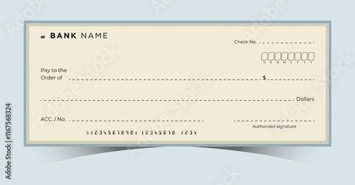 Blank Bank Chequebook. Money Payment Check Background Template. Secure Business Financial Transactions Cheque. Empty Cash Checkbook for Donations, Coupons, and Winner Award