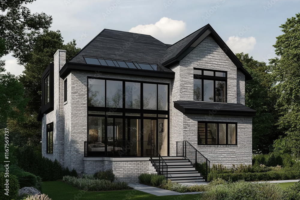 Charming modern house with large windows and a stylish design situated in a serene landscaped environment during a sunny day Charming modern house with large windows and a stylish design situated in a serene landscaped environment during a sunny day