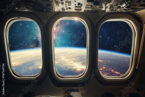 View of Earth from spacecraft windows showing stars and galaxy in the background photo