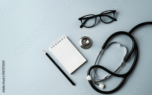 A Stethoscope with Glass and Notebook On a Solid Surface Background