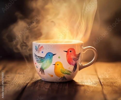 A steaming cup of tea in a whimsical bird-patterned mug on a wooden surface. photo