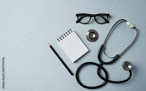 A Stethoscope with Glass and Notebook On a Solid Surface Background