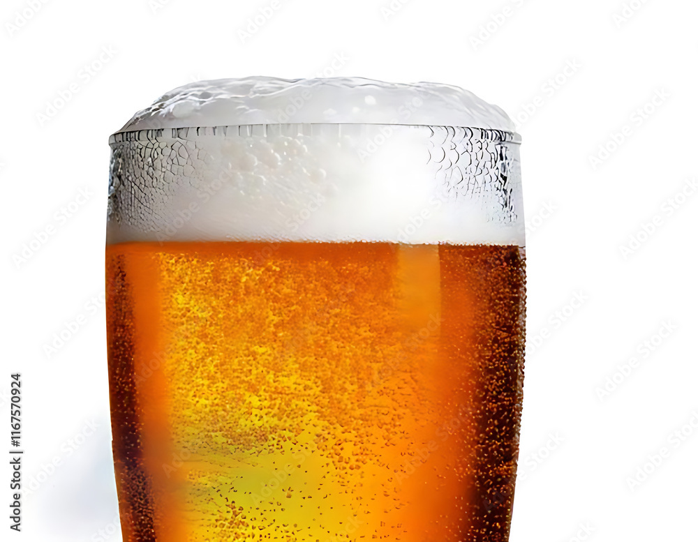 Glass of cold beer with foam, bubbles in drink, isolated on white background cutout
