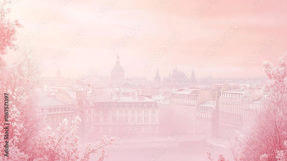 Fototapeta premium Pink Hues Cityscape Softly Veiled In Misty Dawn