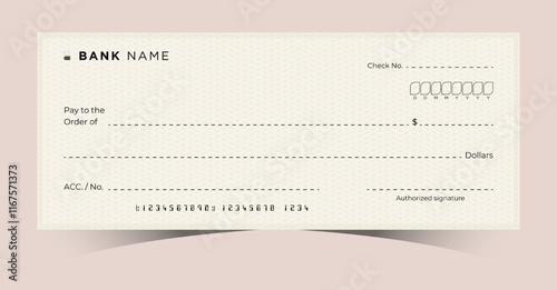Blank Bank Chequebook. Money Payment Check Background Template. Secure Business Financial Transactions Cheque. Empty Cash Checkbook for Donations, Coupons, and Winner Award