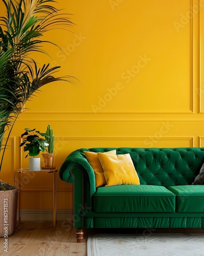 Stylish living room with vibrant yellow walls and green furniture, showcasing modern interior design elements
