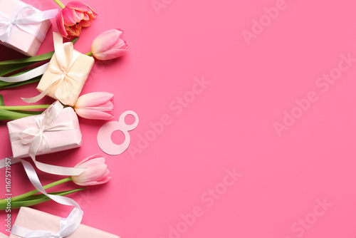 Paper figure 8 with gift boxes and tulips on pink background. Happy Women's Day
