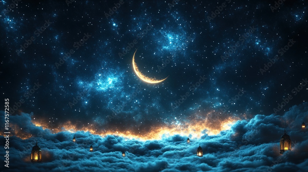 Fototapeta premium A serene night sky with a crescent moon and glowing clouds, evoking tranquility.