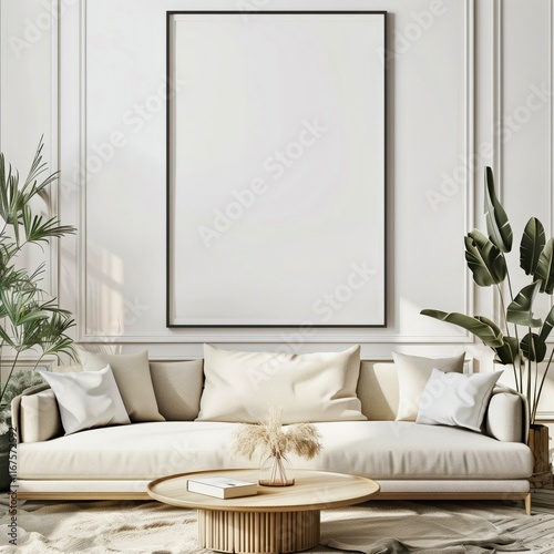 Elegant minimalist living room design featuring a blank canvas and natural decor in soft neutral tones