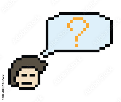 Cute pixel cartoon character man with question mark decoration 8 bit male boy confused idea question mark think choose cartoon pixel game 8bit png vector.