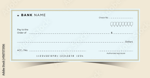 Blank Bank Chequebook. Money Payment Check Background Template. Secure Business Financial Transactions Cheque. Empty Cash Checkbook for Donations, Coupons, and Winner Award