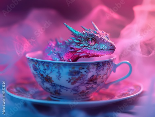 A miniature dragon emerging from a floral teacup, surrounded by colorful, glowing smoke in a whimsical fantasy setting. photo