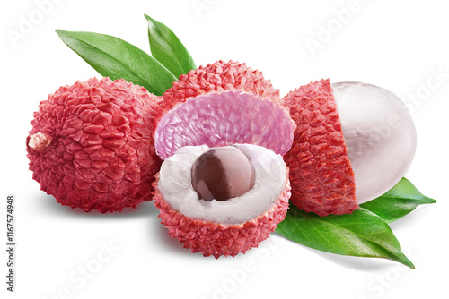 Four juicy ripe whole and half-open lychees with leaves isolated on transparent background.
