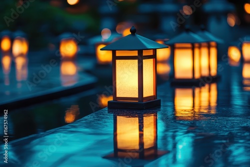 Outdoor lanterns glowing by a calm pond during twilight. photo
