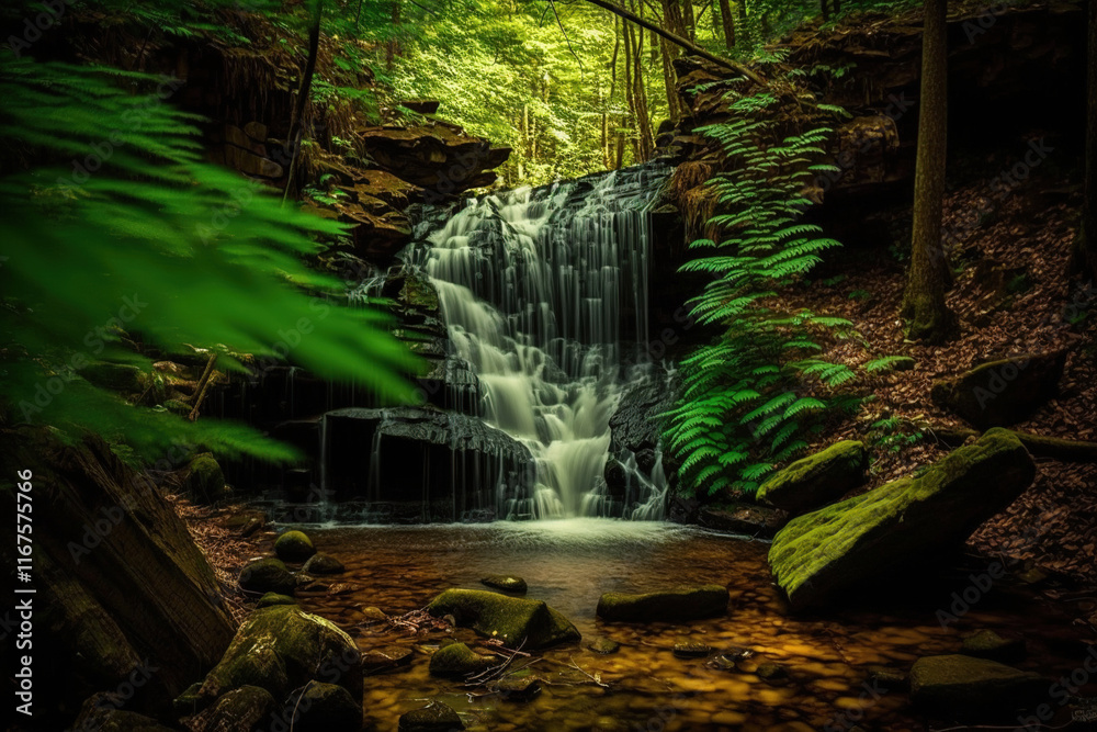 Fototapeta premium Serene Waterfall in Lush Green Forest