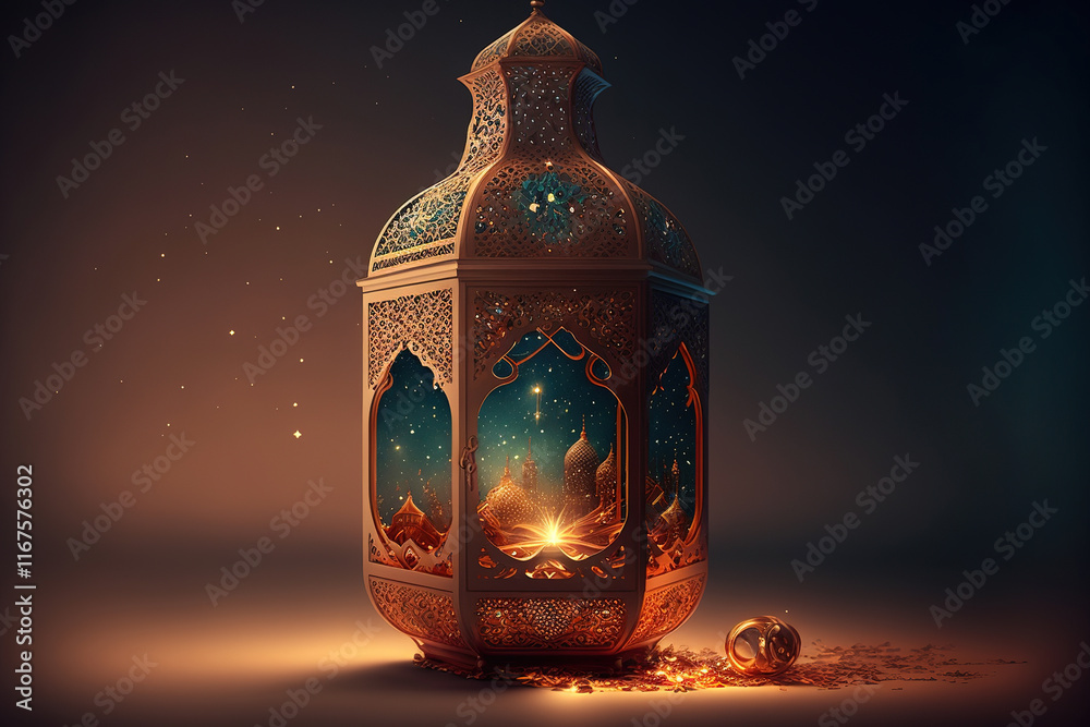 Enchanted Islamic Lantern with Glowing Mosques Enchanted Islamic Lantern with Glowing Mosques