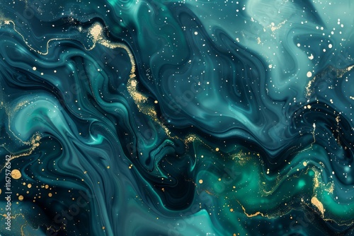 Image of Turquoise green dark marble fluid art pattern with golden veins. Texture for background usage