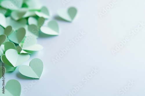 Close-up of mint green paper hearts scattered on a soft blue background. photo