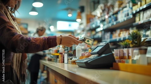 Woman paying cash for purchase at a store photo