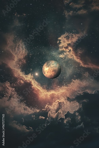 Ethereal moon surrounded by glowing clouds in a starry night sky. photo