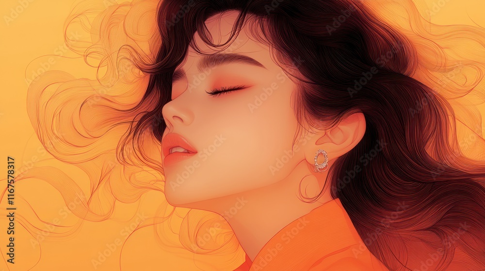 A serene portrait of a woman with flowing hair against a warm orange background. A serene portrait of a woman with flowing hair against a warm orange background.