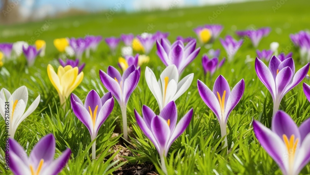 Vibrant spring crocuses blooming in a lush green field nature photography scenic view Vibrant spring crocuses blooming in a lush green field nature photography scenic view