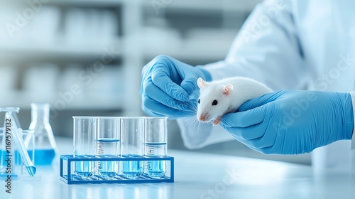 Lab technician handling white lab mouse with gloves, performing research. Test tubes and scientific equipment visible. Symbolic of science and experimentation.