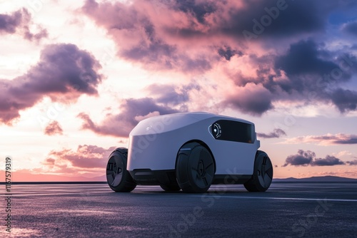 Futuristic autonomous vehicle parked on an empty highway at sunset photo