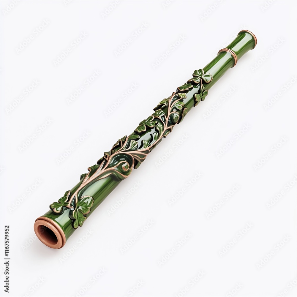 Naklejka premium Elegant green flute with shamrock and vine decorations.