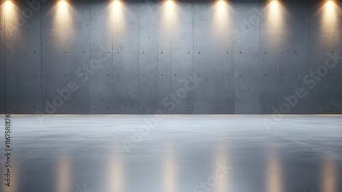 Modern industrial interior with concrete wall and spotlight. Empty space with minimalist design, ideal for showcasing products or exhibitions in a contemporary setting.