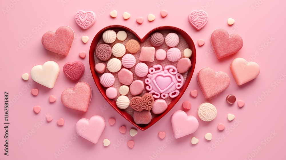 Pink heartshaped soaps in red heart box among more hearts suitable for Valentines Day or lovethemed designs. Romantic bath products concept. Pink heartshaped soaps in red heart box among more hearts suitable for Valentines Day or lovethemed designs. Romantic bath products concept.