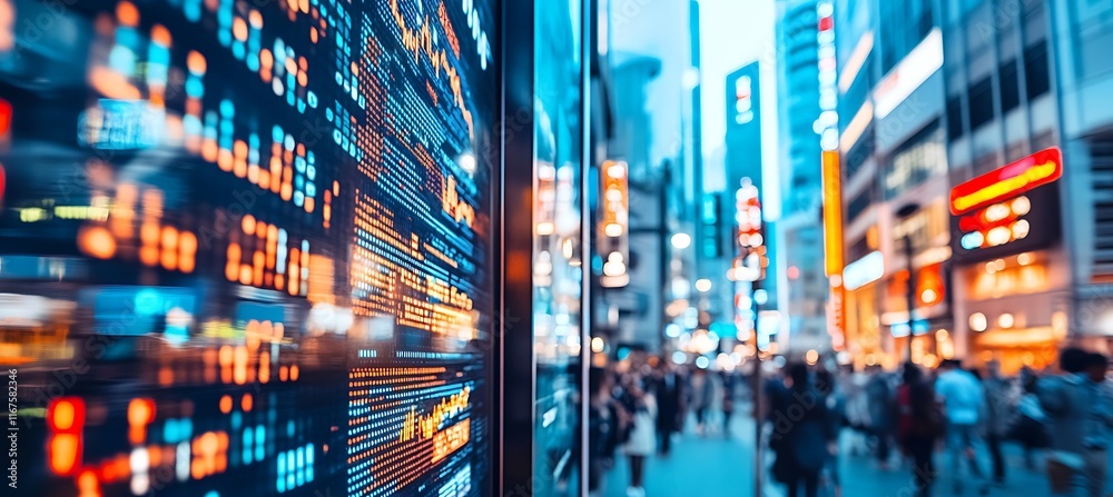 A high-angle view of a busy financial district with digital overlays showing stock prices and market trends, set in a modern cityscape A high-angle view of a busy financial district with digital overlays showing stock prices and market trends, set in a modern cityscape