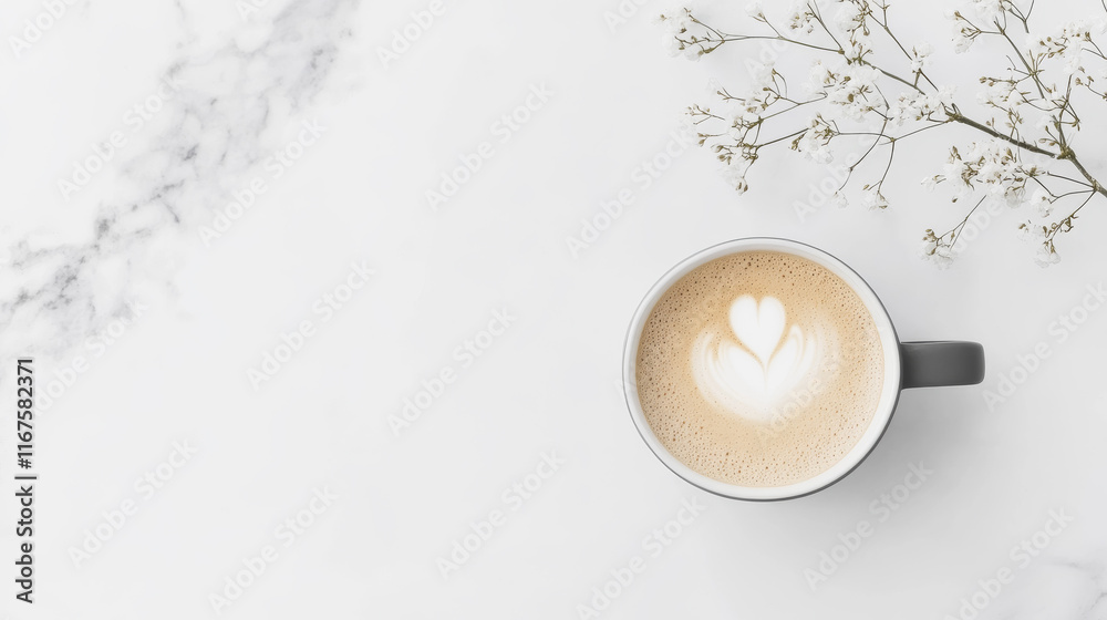 A cup of latte art coffee sits on a marble surface next to delicate white flowers. A peaceful and calming scene. A cup of latte art coffee sits on a marble surface next to delicate white flowers. A peaceful and calming scene.