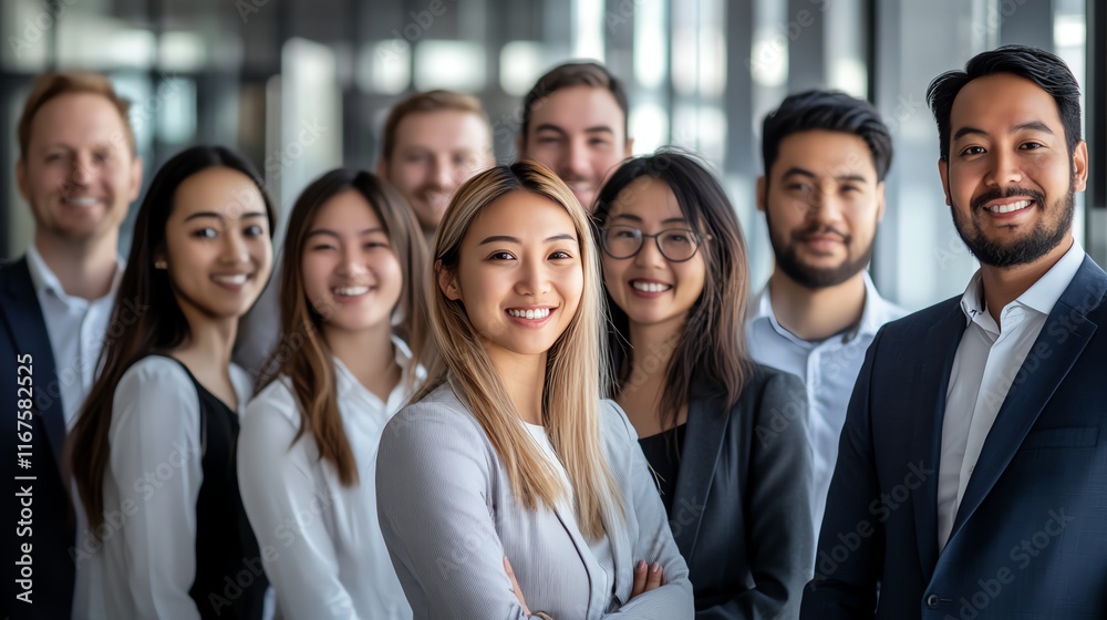 A diverse group of professionals smiling confidently in an office setting, showcasing teamwork and unity. Perfect for corporate presentations or promotional materials. A diverse group of professionals smiling confidently in an office setting, showcasing teamwork and unity. Perfect for corporate presentations or promotional materials.