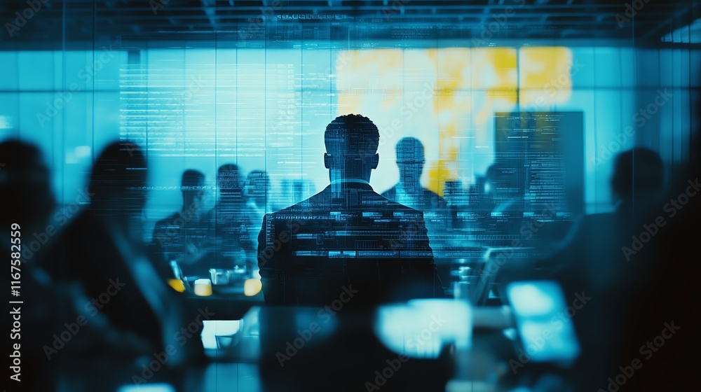 A dynamic business meeting room with silhouettes of professionals engaging in discussion. The scene is vibrant with shades of blue reflecting a digital and modern atmosphere. A dynamic business meeting room with silhouettes of professionals engaging in discussion. The scene is vibrant with shades of blue reflecting a digital and modern atmosphere.