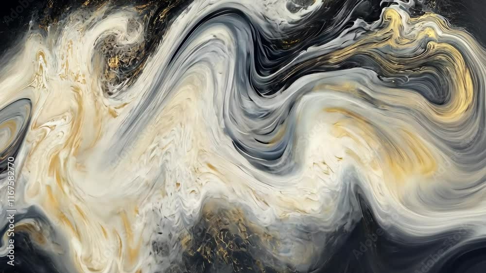 Abstract swirling patterns created with black, white, and gold colors showcasing a fluid art technique in an artistic display