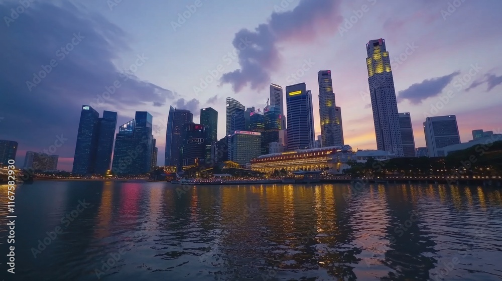 Fototapeta premium Urban Skyline at Sunset with Golden Hour Lighting