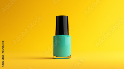 a turquoise nail polish with black cap isolated on 3 d yellow background photo