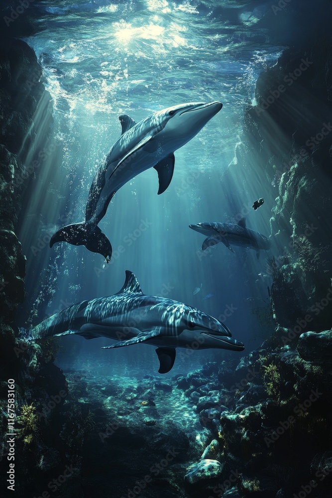 Fototapeta premium Three dolphins swim, sunlit underwater scene.