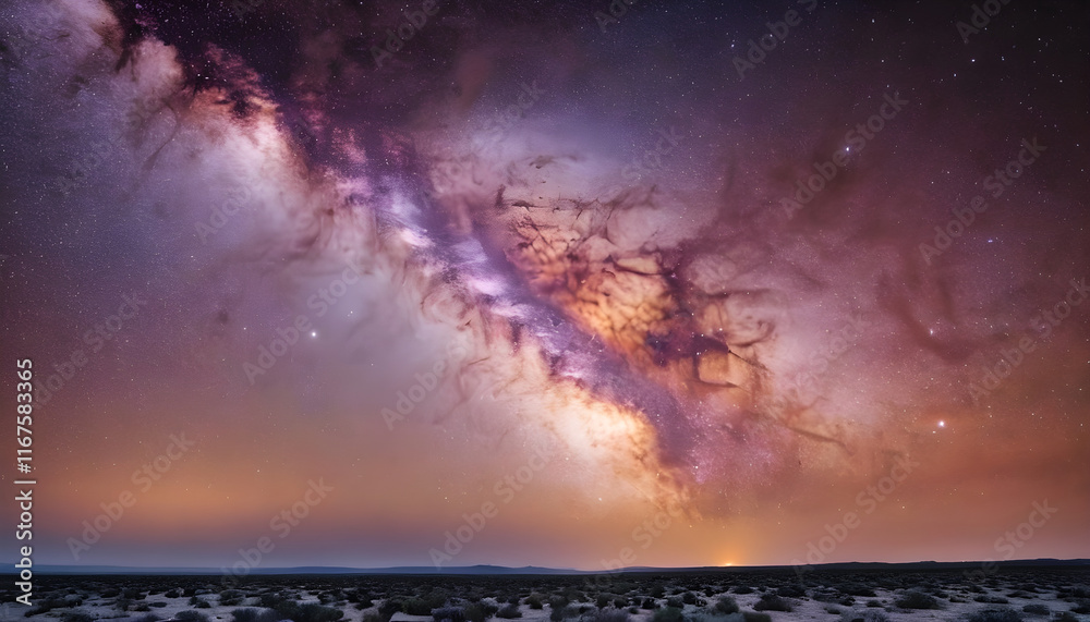 Fototapeta premium Milky way galaxy shining over desert landscape at night