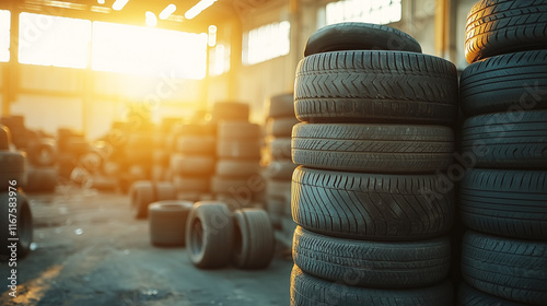 Car tires illuminated by soft sunset light, industrial interior, recycling and storage theme.
 photo